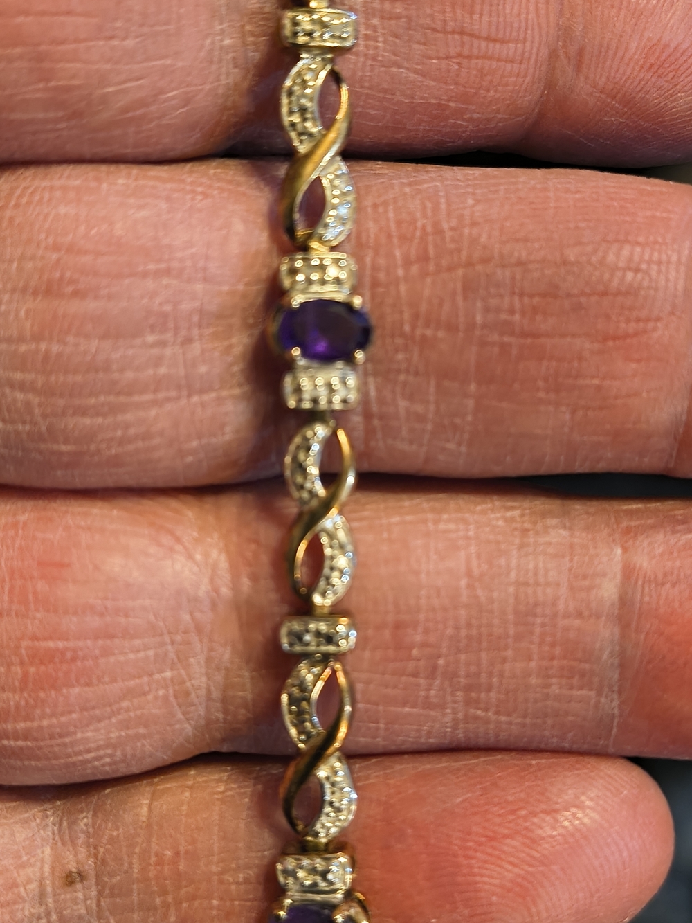 Rose Gold Over Sterling Silver Tennis Bracelet W/ Amethyst and Diamond Signed